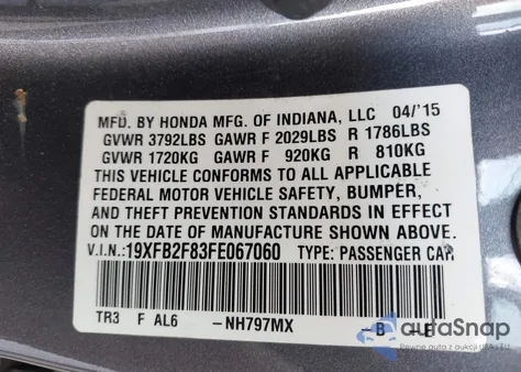 2015 Honda Civic Ex z USA, uszkodzony, nr VIN 19XFB2F83FE067060